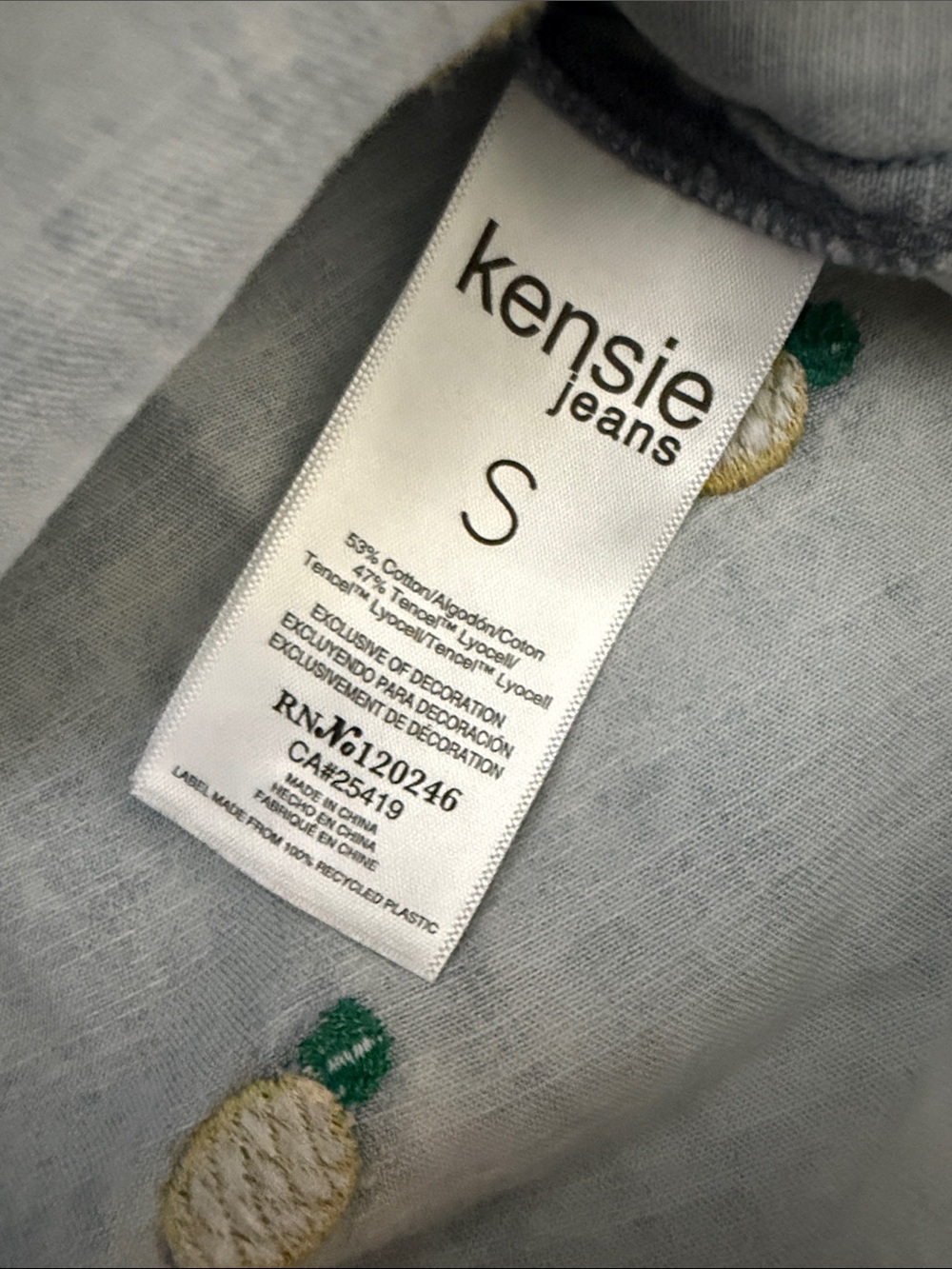Kensie Light Blue Denim Button-Down Shirt with Yellow Pineapple Embroidery - Picture 5 of 8